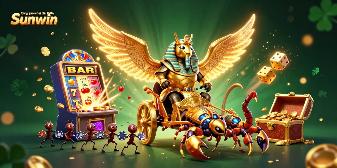 Cổng game bài đổi thưởng Sunwin showcases a vibrant 3D casino scene bursting with excitement from games and riches.