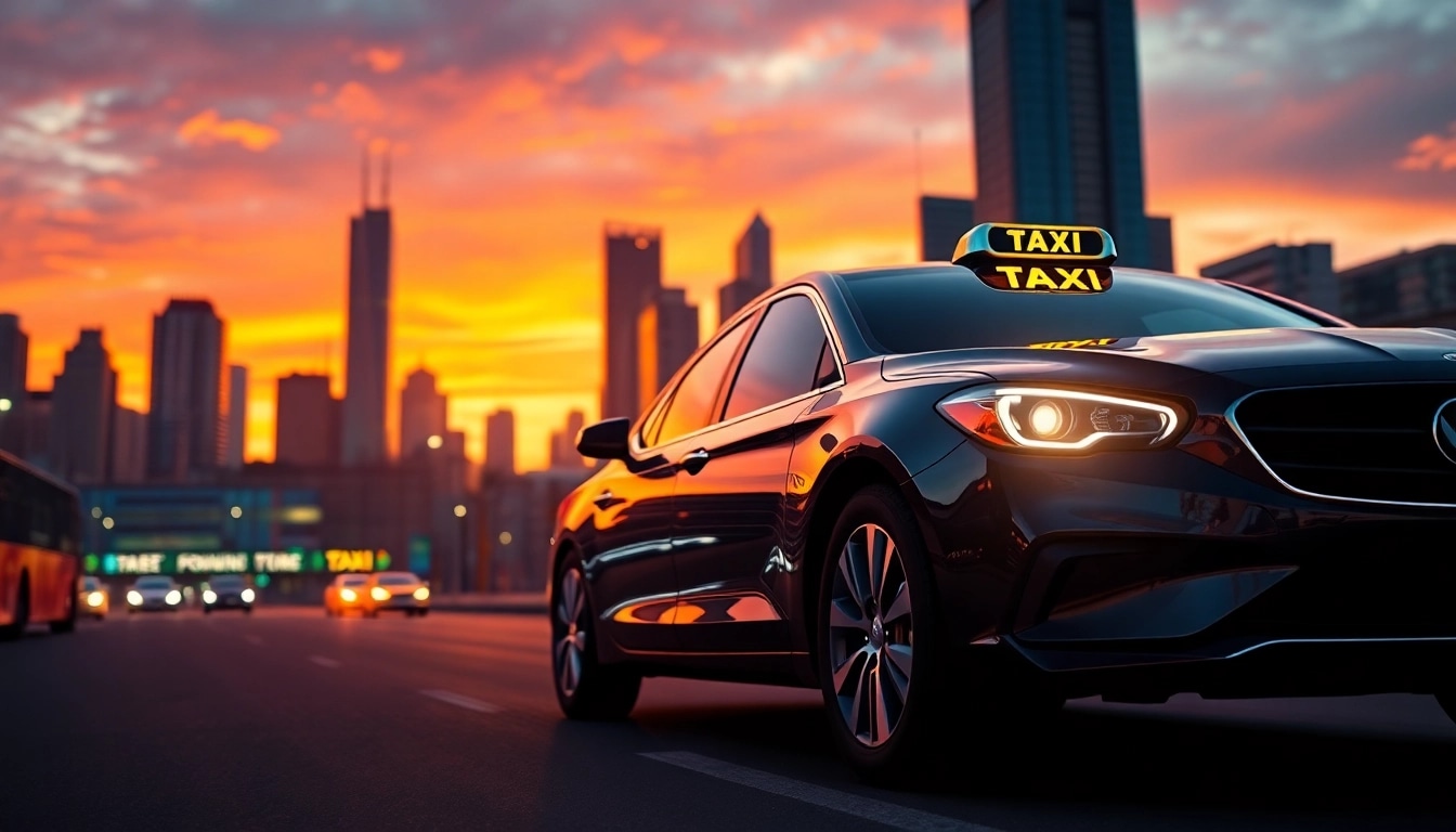 Taxi driving through a city at dusk, showcasing vibrant urban life and modern service.