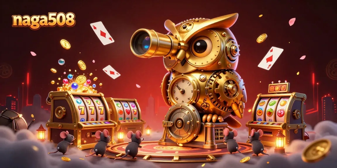 Engage with thrilling slots at naga508, showcased by a whimsical clockwork owl amid vibrant casino action.