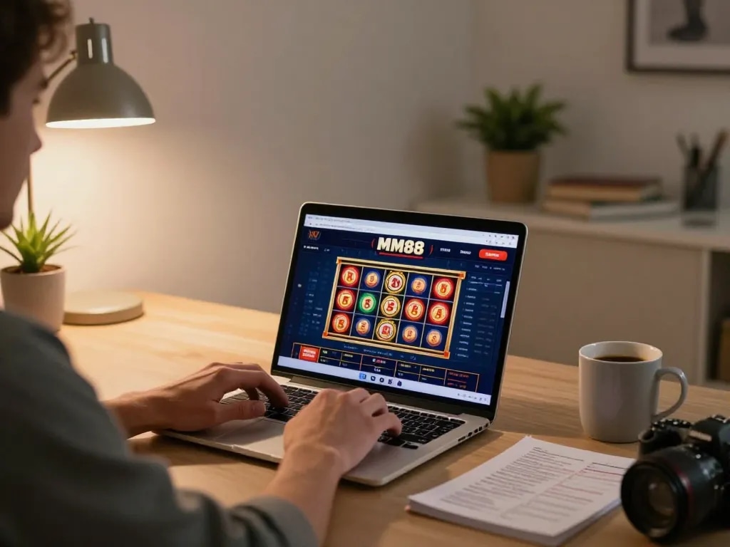 Engaged player enjoying the MM88 online casino on a sleek laptop in a cozy home setting.