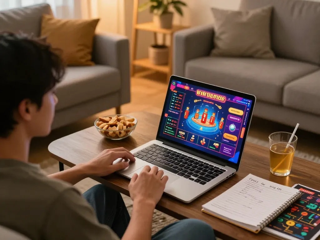 Engaging in game bài đổi thưởng online at home, showcasing a player immersed in gaming strategy with laptop and snacks.
