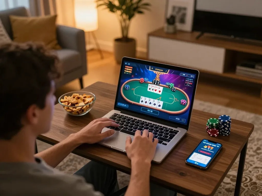 Engage with SC88's online poker experience in a cozy home setting showcasing a strategic gaming atmosphere.