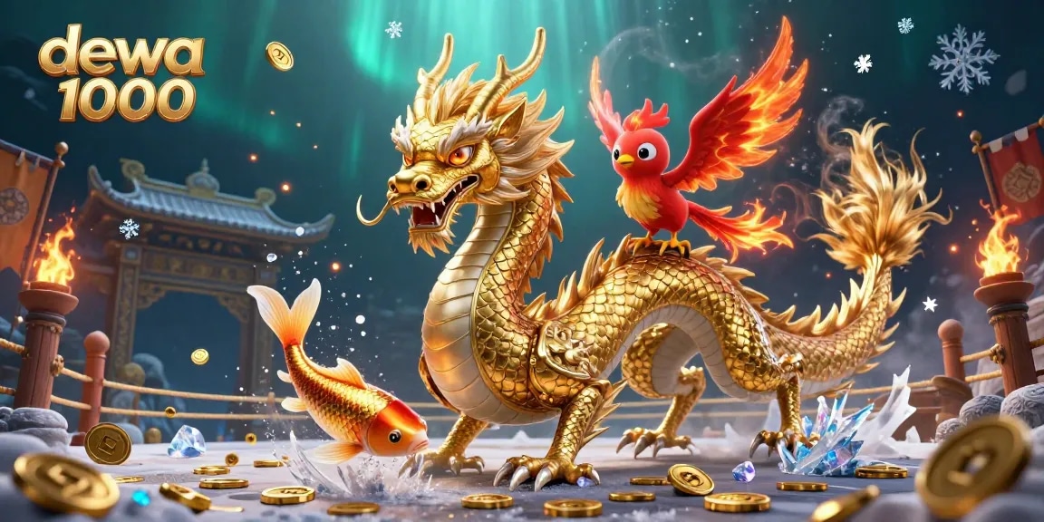 Experience thrilling gameplay with dewa 1000 in a vibrant 3D casino illustration featuring a dragon, phoenix, and koi fish.