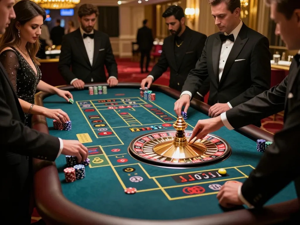 cloud-africa players placing bets at roulette table in a luxurious casino atmosphere