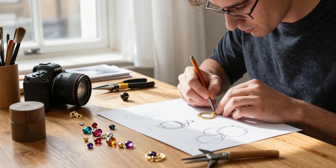 Artisan creating bespoke jewellery London with gold and gemstones in a bright workshop.