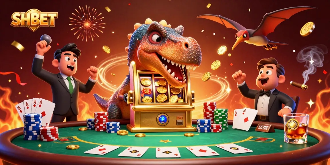 SHBET casino scene with a dinosaur hitting a jackpot, capturing a fun gambling atmosphere.