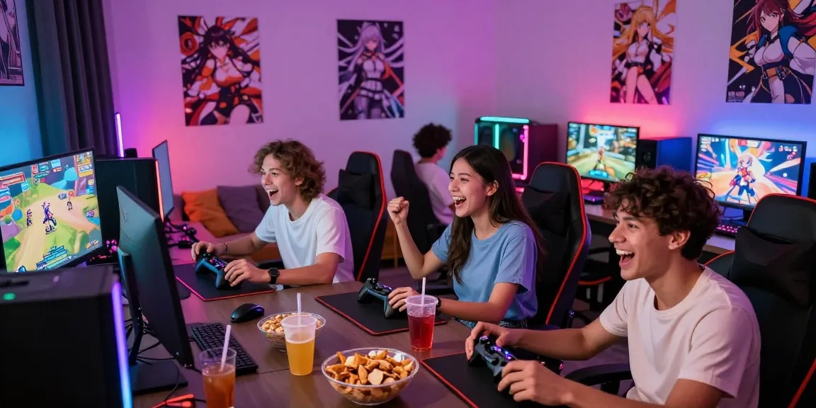 Friends enjoying hentai game sessions in a vibrant gaming room filled with consoles and snacks.