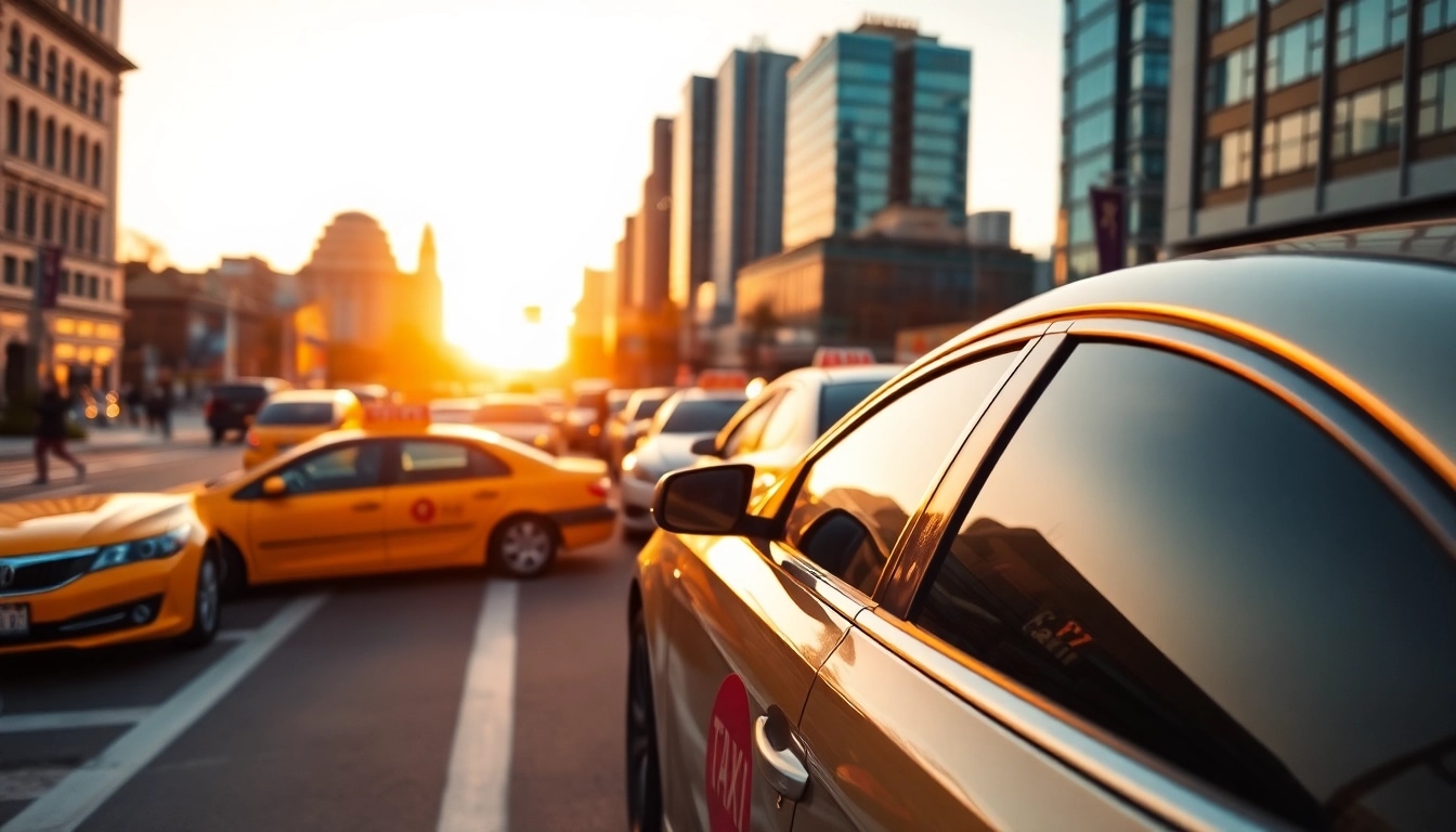 Cabs standing ready at a bustling city corner, surrounded by vibrant urban life.