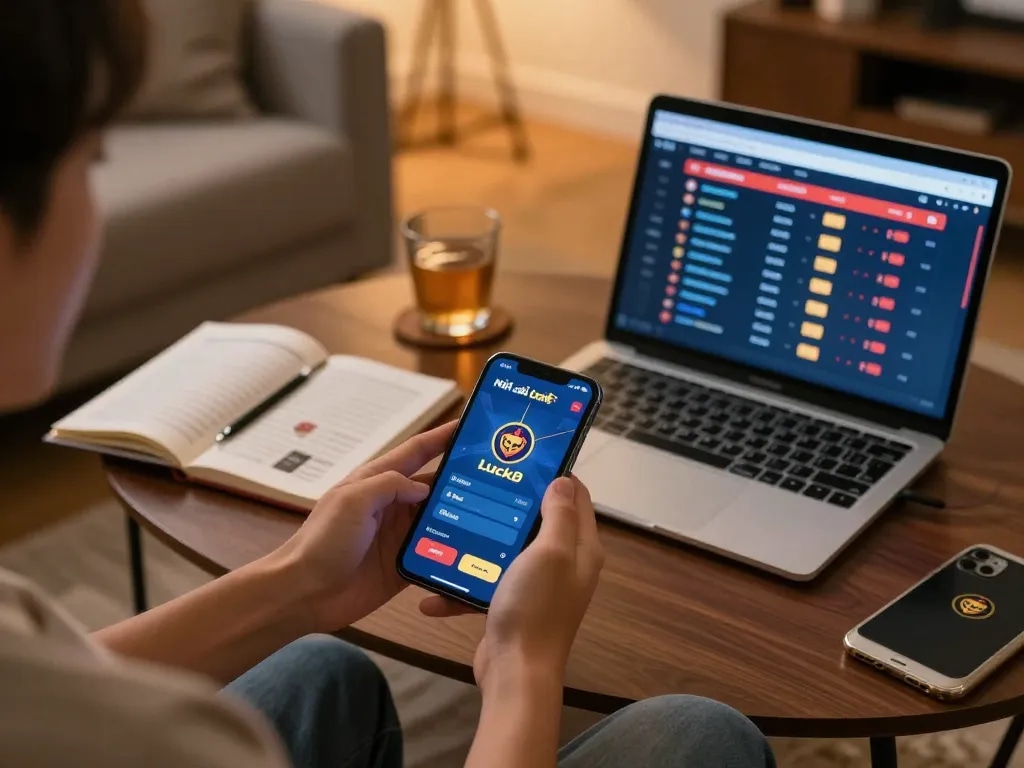 Players enjoying the Nhà cái Luck8 app on a smartphone, showcasing a cozy and engaging gaming setup.