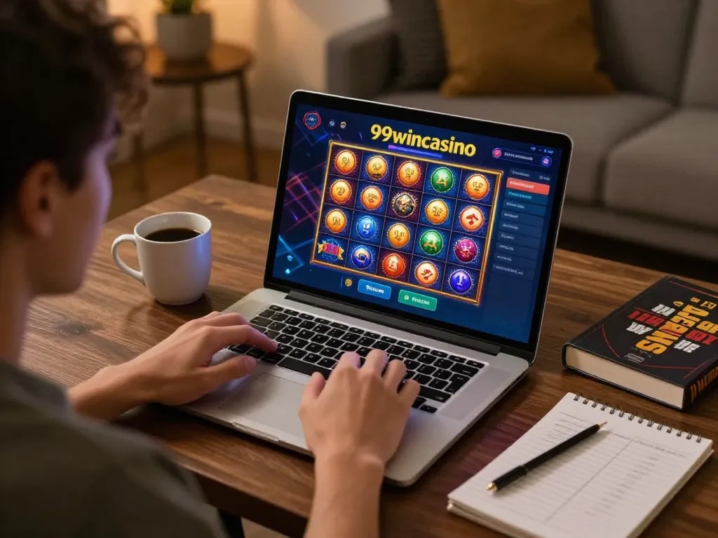 Playing on 99wincasino's vibrant online slots while enjoying a cozy home atmosphere.