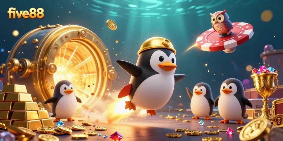 Experience the excitement of five88 with a vibrant 3D penguin-themed casino adventure in a stunning illustration.