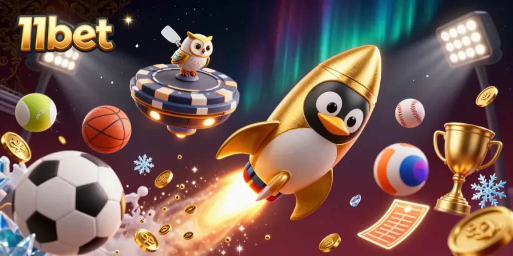 Engage in thrilling gaming with 11bet as a golden penguin blasts off toward a dazzling casino.