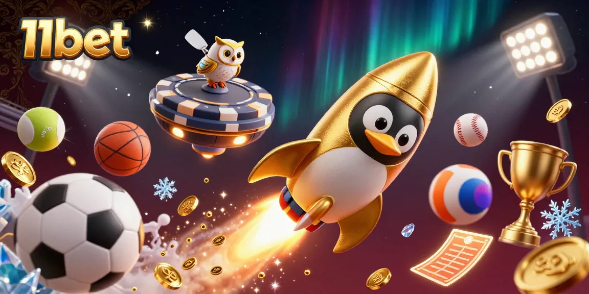 Engage in thrilling gaming with 11bet as a golden penguin blasts off toward a dazzling casino.