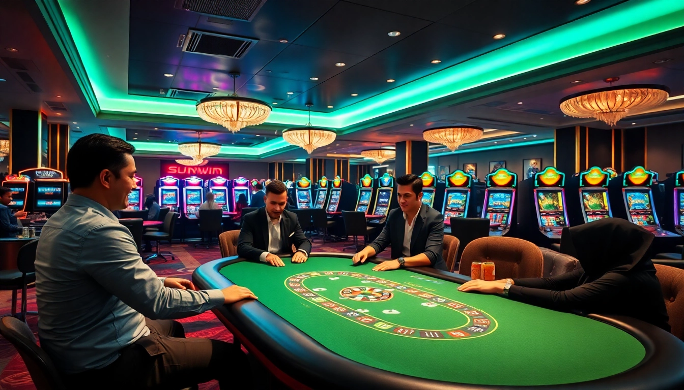 Players enjoying an exciting game of poker at Sunwin's luxurious casino, exuding thrill and camaraderie.