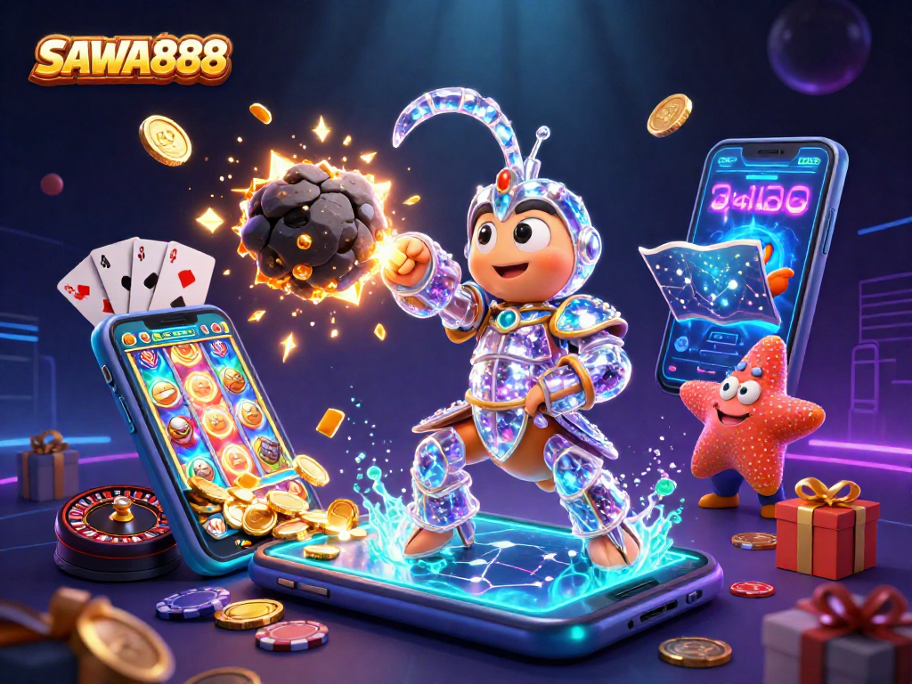 Experience exciting gameplay with SAWA888 as the galactic samurai mantis shrimp battles for golden coins amidst vibrant casino elements.