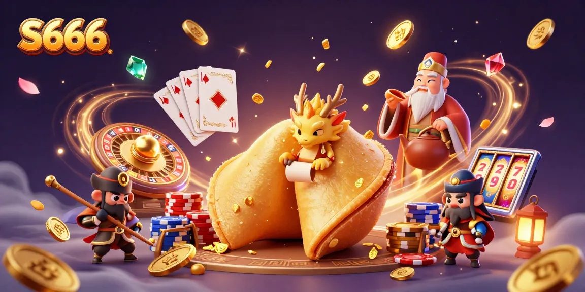 Experience thrilling S666 casino adventures with a golden fortune cookie and lucky dragon.