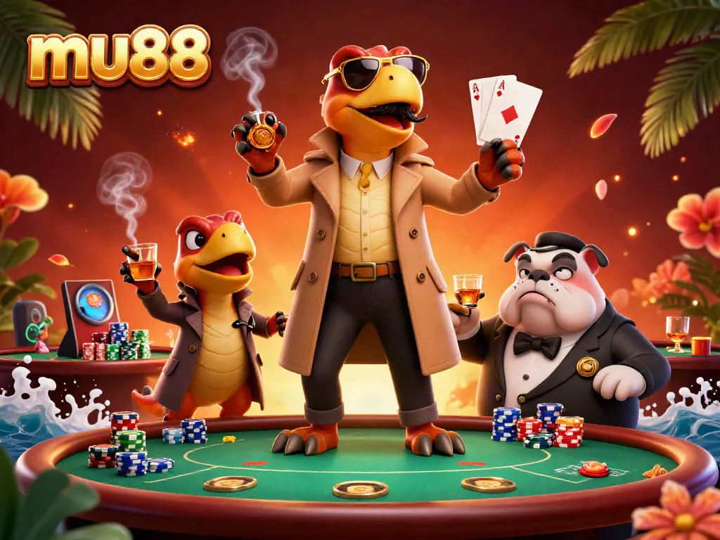 Three raptors disguised as a tall man entering a mu88 casino, with poker elements around.