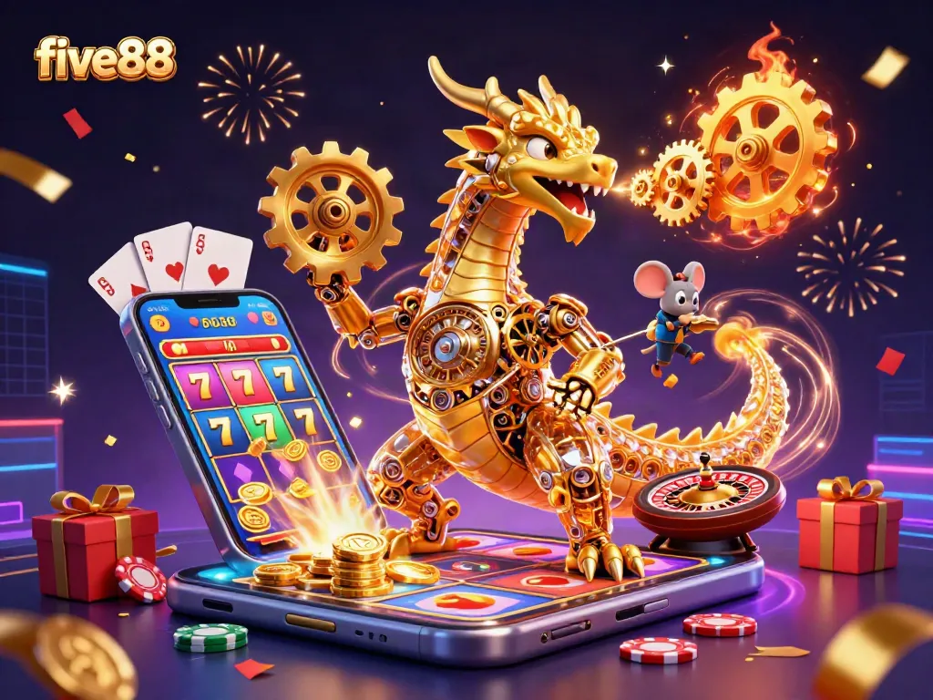 Experience five88's thrilling slots with a golden dragon unleashing golden gears amidst dazzling casino elements.