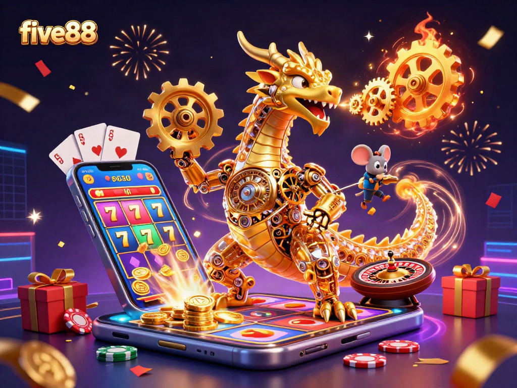Experience five88's thrilling slots with a golden dragon unleashing golden gears amidst dazzling casino elements.
