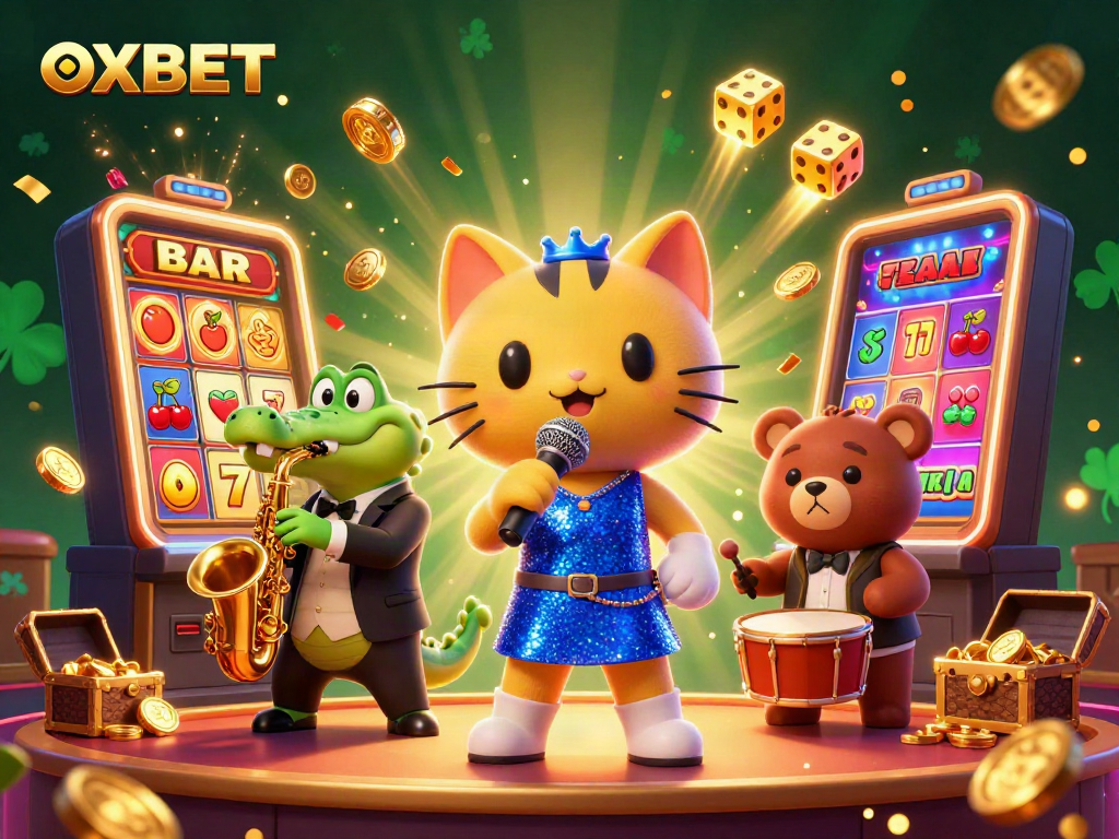 Experience thrilling gameplay with OXBET's vibrant casino scene featuring characters amidst jackpots and games.