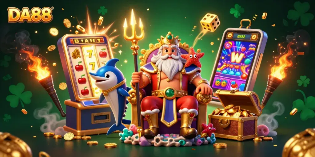 Win big with DA88: A vibrant 3D casino scene featuring Neptune and slot machine action.