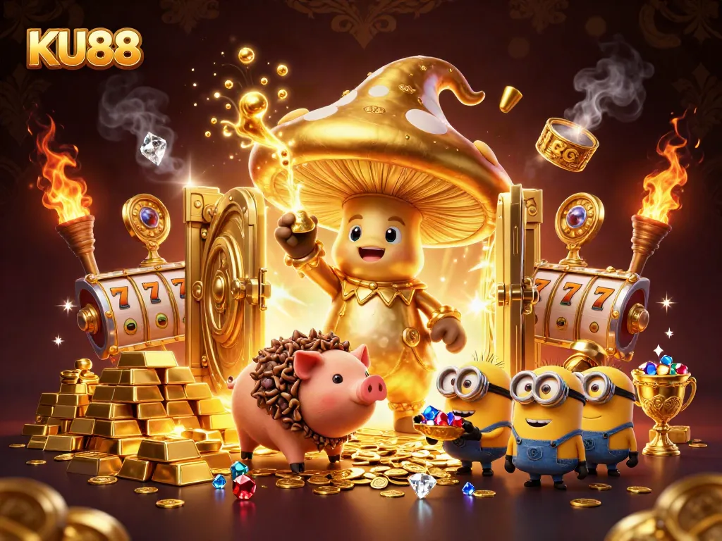 Win big with KU88's online casino games featuring enchanting characters amidst golden treasures.