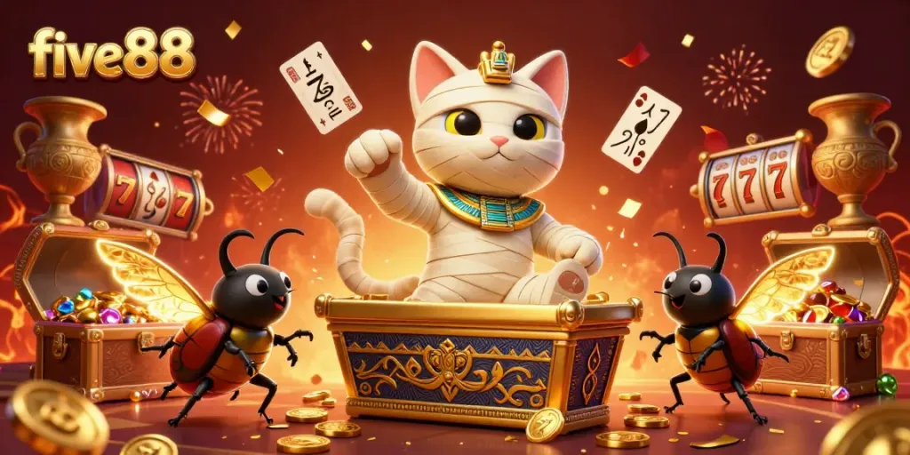 Experience the thrill of five88 with an Egyptian-themed casino adventure featuring a mummy cat!