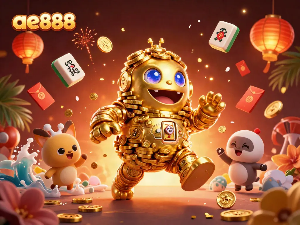 Play at AE888 with a mesmerizing golden golem amidst floating casino elements and vibrant decorations.