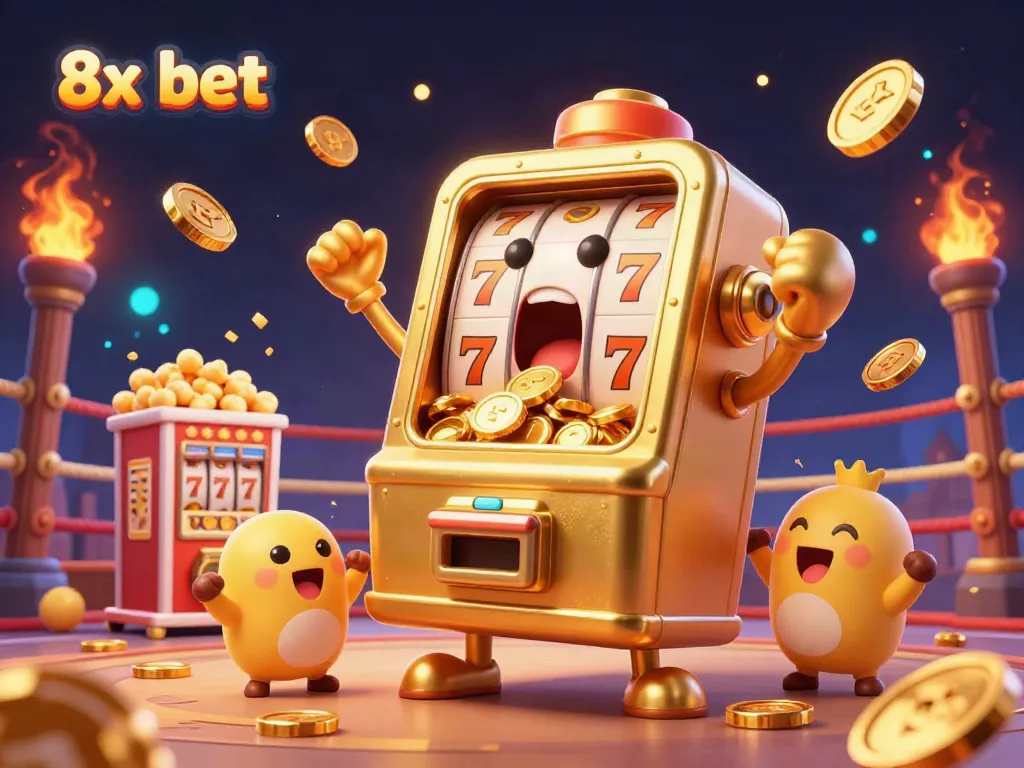 Celebrate 8x bet with a vibrant slot machine hitting the jackpot in a lively casino scene.