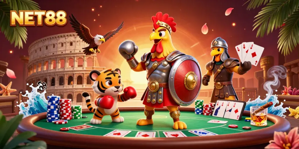 Engage in thrilling casino action with NET88, featuring a gladiator rooster and poker elements.