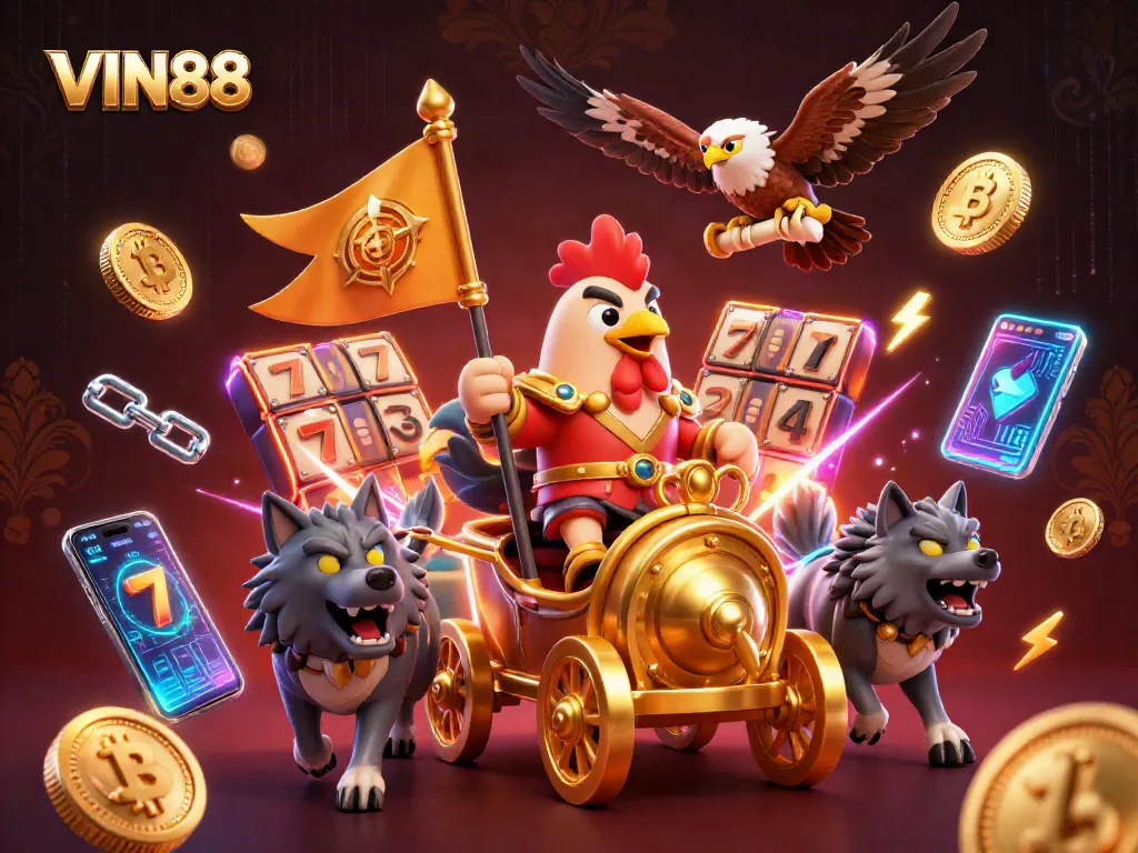 Experience the thrill of VIN88 as a rooster warlord leads the charge with exciting slot elements.