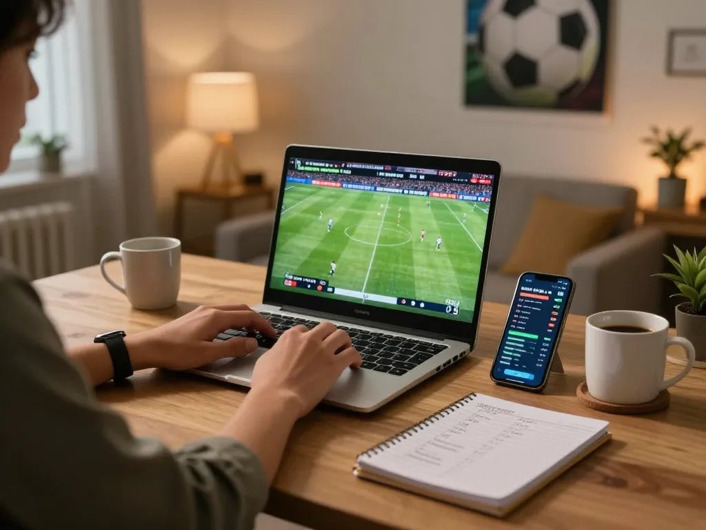 Socolive user engaging in live sports betting while reviewing strategies in a comfortable home office setting.