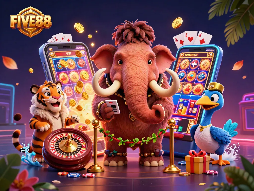 Experience the excitement of FIVE88 at this vibrant casino scene featuring unique characters and engaging gaming elements.