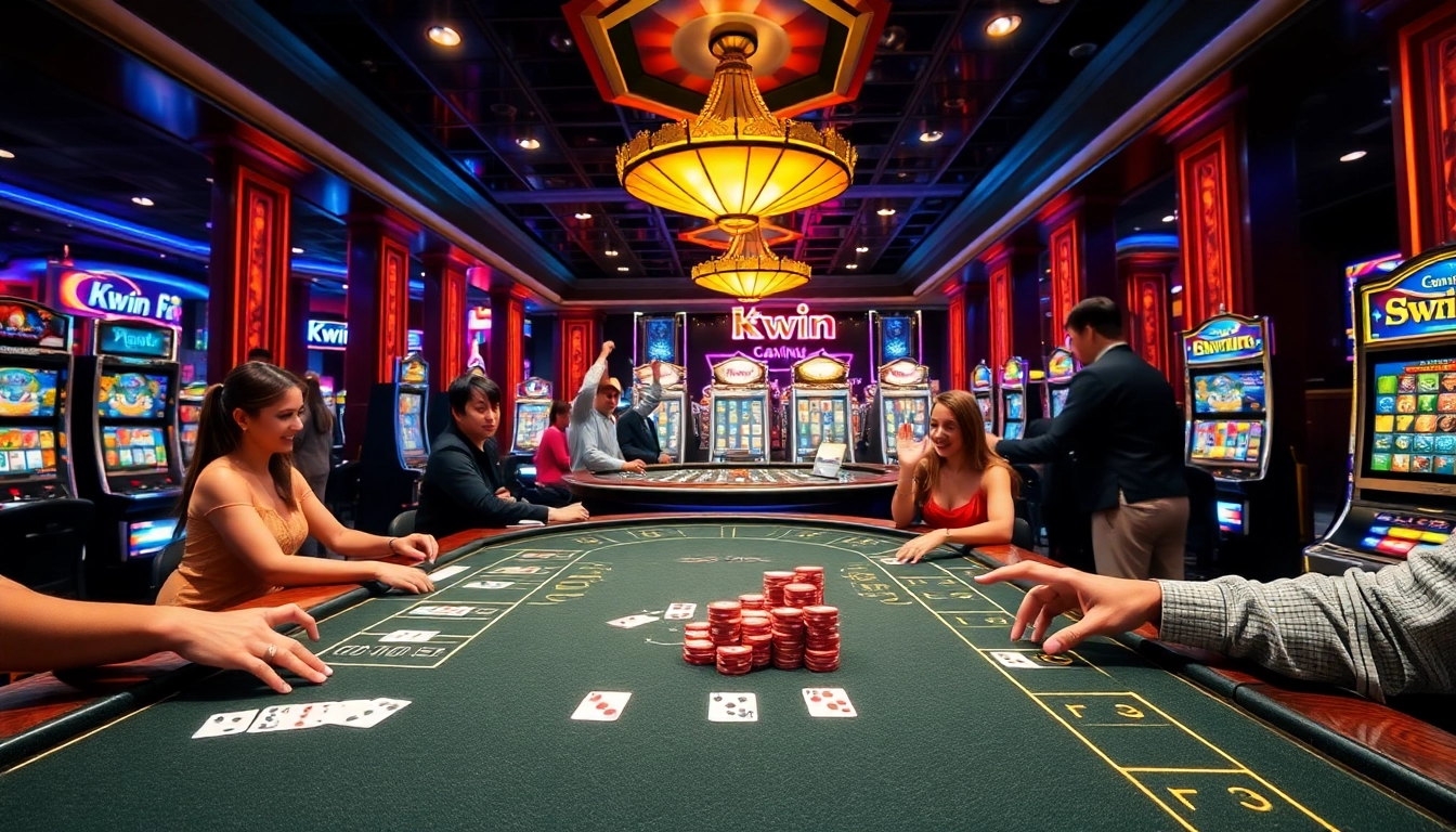 Experience high-stakes action at Kwin's casino tables with vibrant chips and cards.