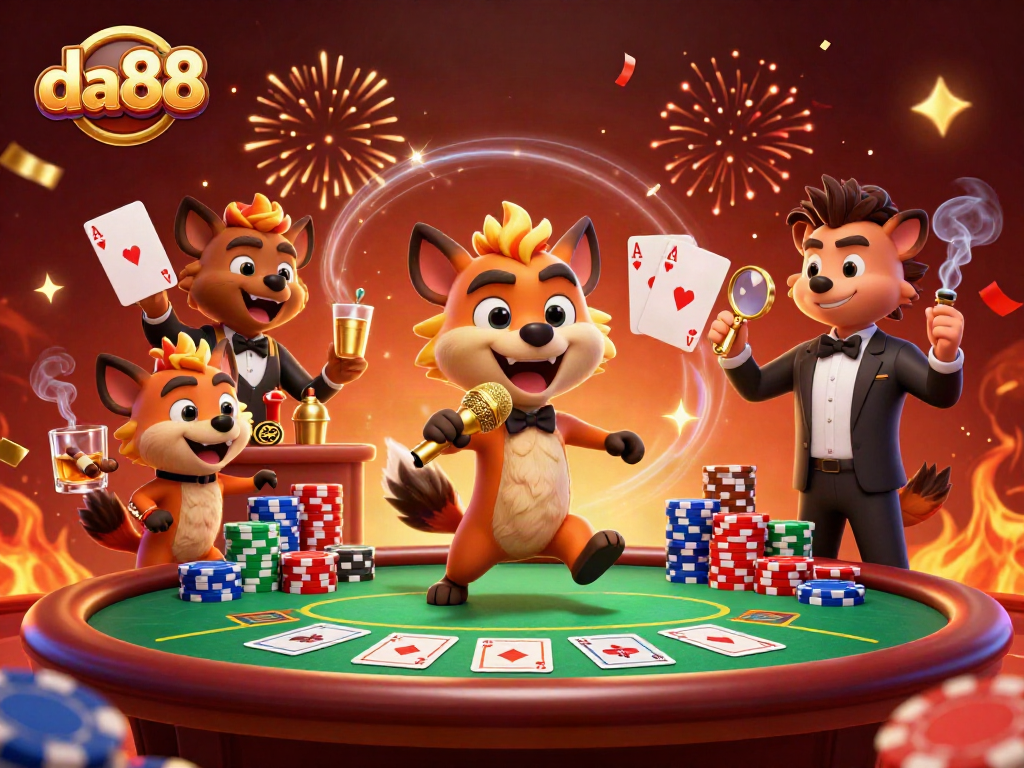 Engage in thrilling da88 casino action with cartoon hyenas at a lively comedy club scene.