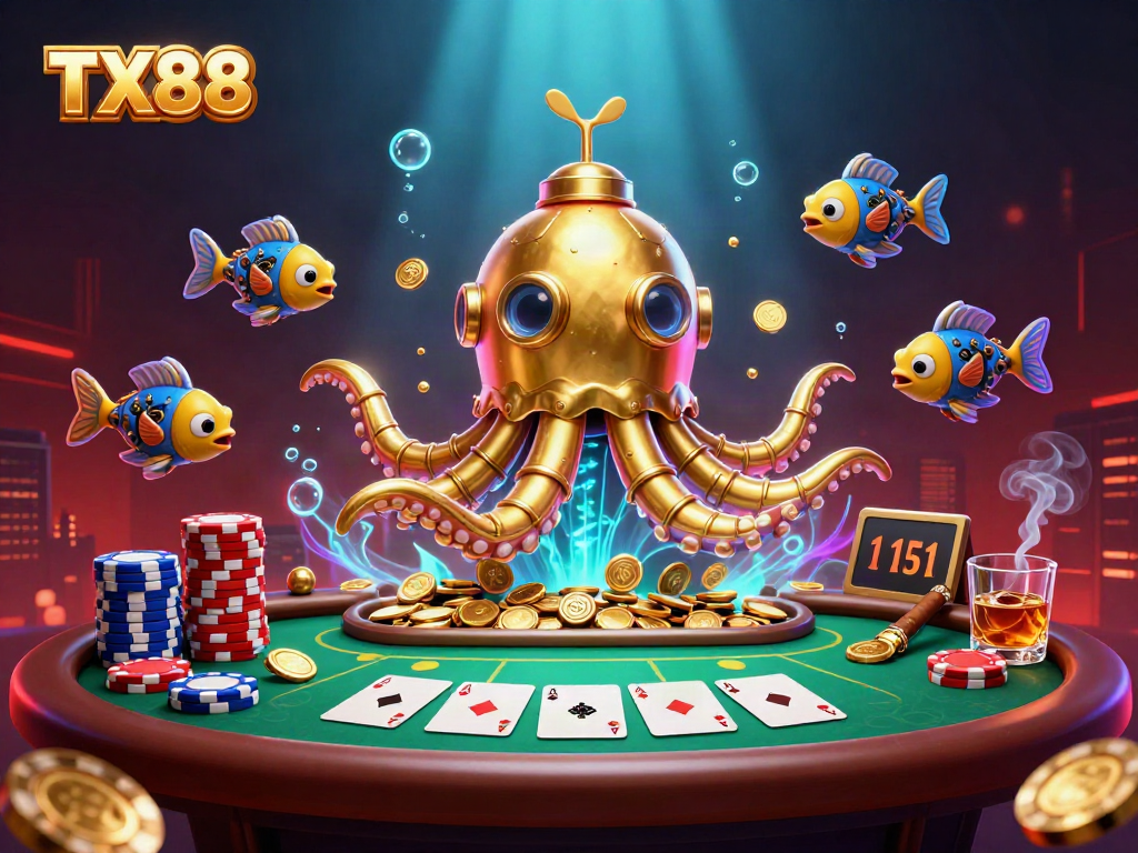 Experience TX88's thrilling gambling adventure in a vibrant 3D kraken-themed casino scene.