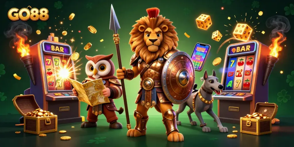 Experience thrilling wins at GO88 with a dynamic scene of 3D characters and casino elements bursting with excitement.