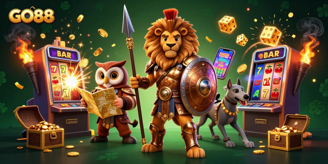 Experience thrilling wins at GO88 with a dynamic scene of 3D characters and casino elements bursting with excitement.
