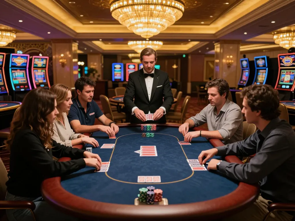 Players strategizing at KJCTop's exclusive poker table in an upscale casino setting.