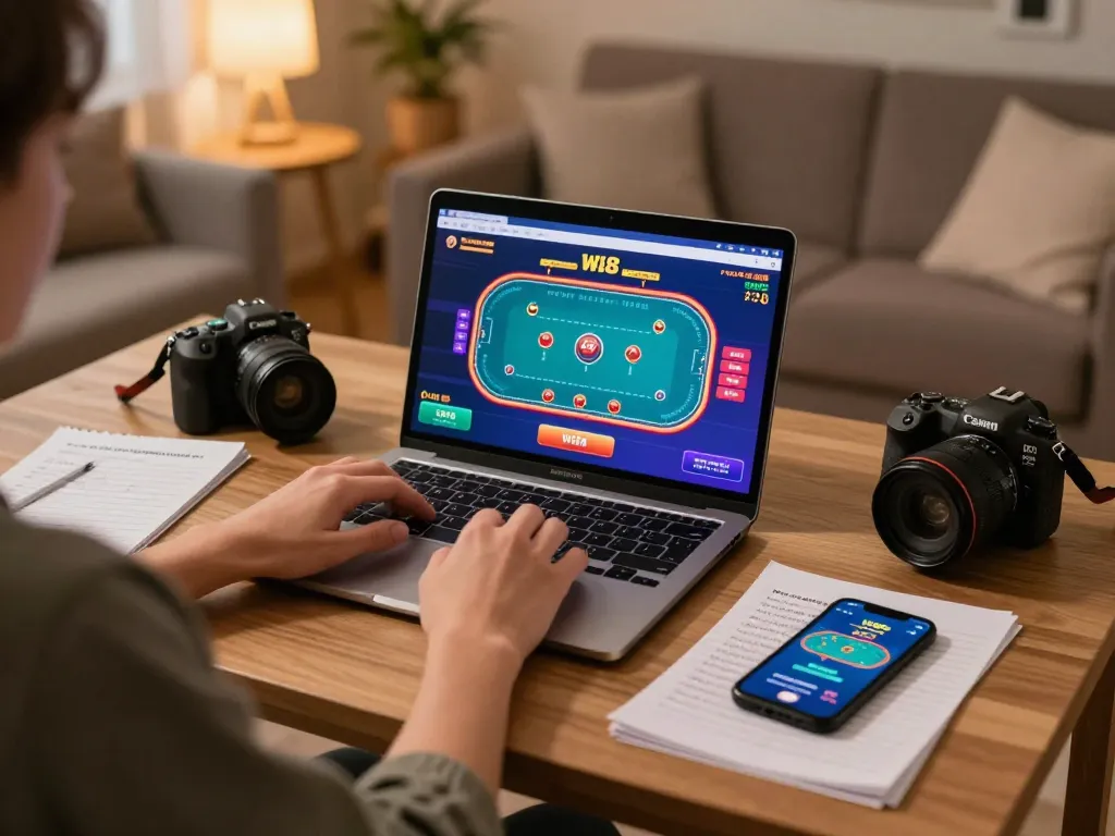 Player enjoying W88 online poker on laptop with colorful graphics in a cozy home office setup.