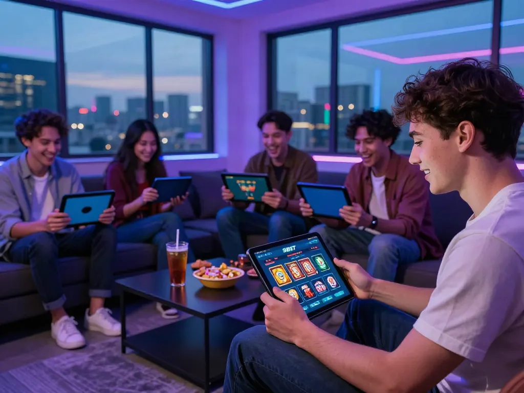 Friends enjoying the game experience on 9bet mobile devices in a vibrant lounge.