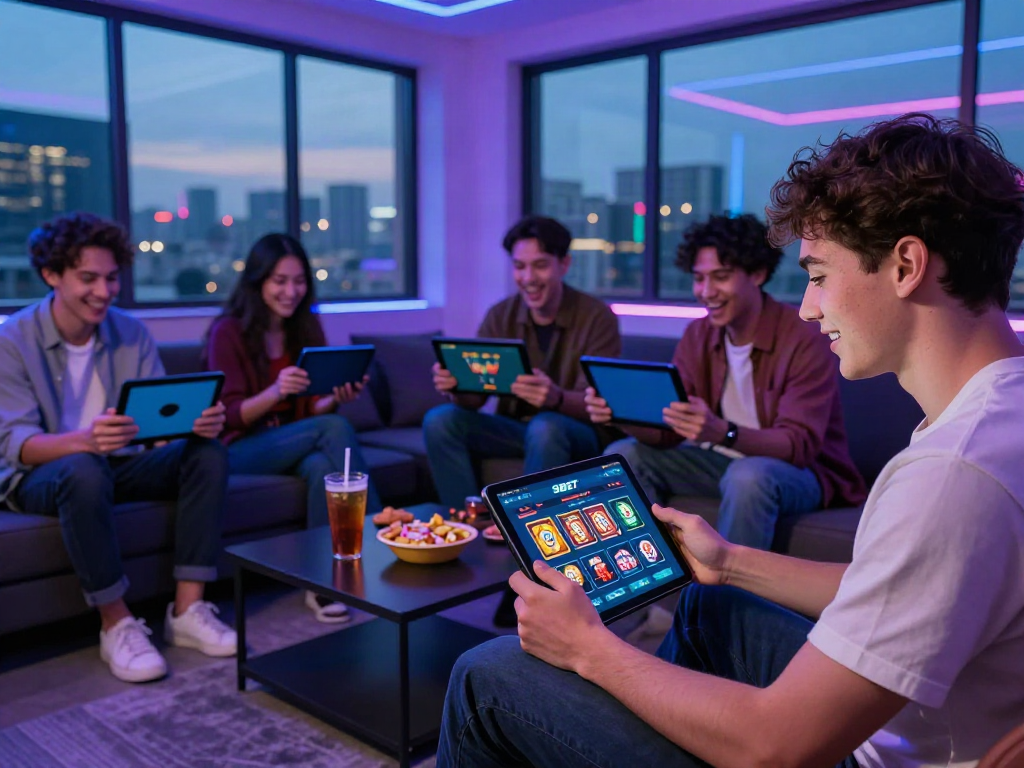 Friends enjoying the game experience on 9bet mobile devices in a vibrant lounge.