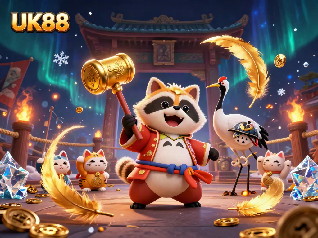 Engage in thrilling gameplay at UK88 with festive tanuki and colorful maneki-neko characters amidst symbol-rich decorations.