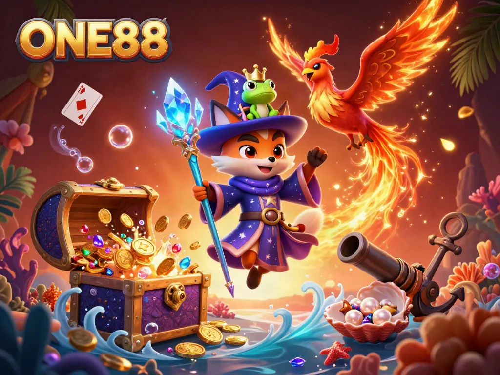 Engage with the magical scenes of ONE88 as a phoenix illuminates your winning adventures in this vibrant casino illustration.