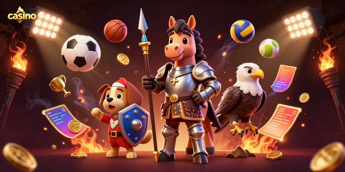 Experience the thrill of casino gaming with a knight, squire, and falcon amidst dynamic sports elements.