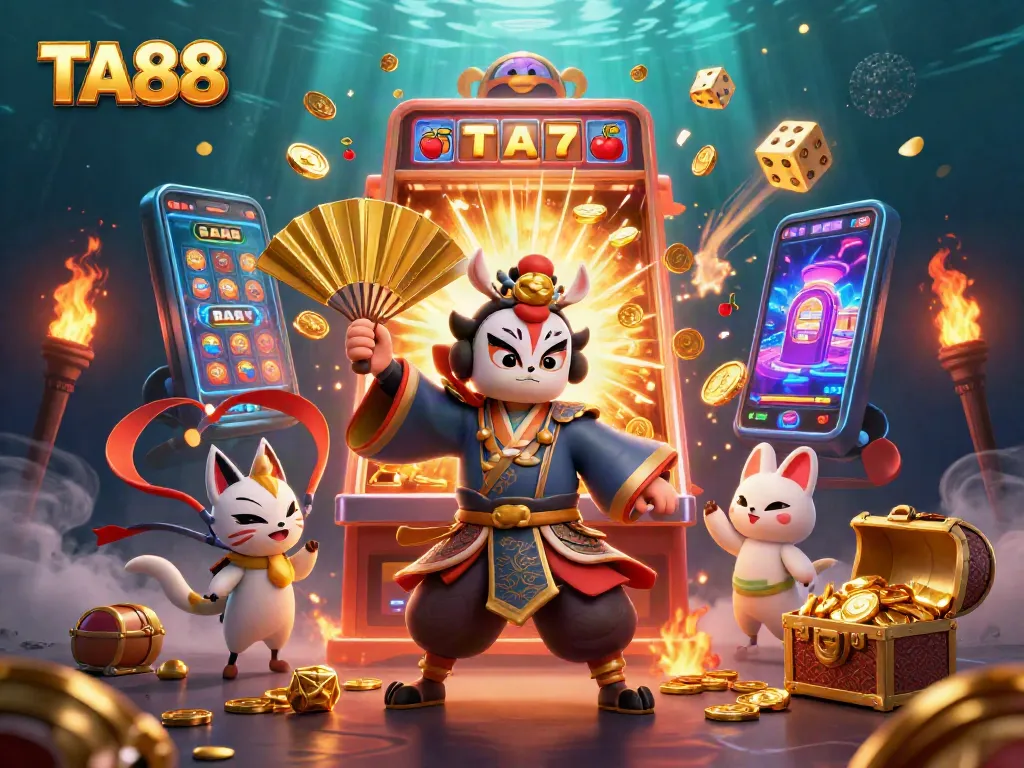 Engage with TA88 in a vibrant 3D casino scene featuring a kabuki warrior and a kitsune mask.