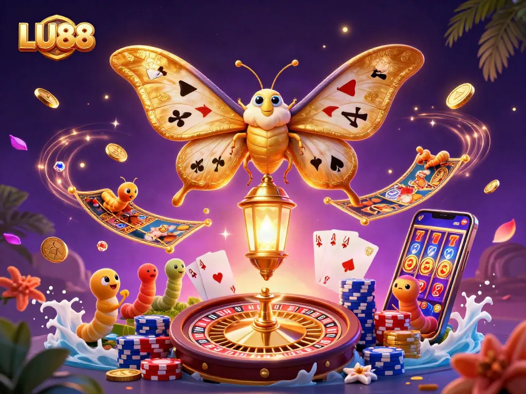 Engage with LU88's vibrant casino illustration, showcasing dynamic game elements in a magical setting.