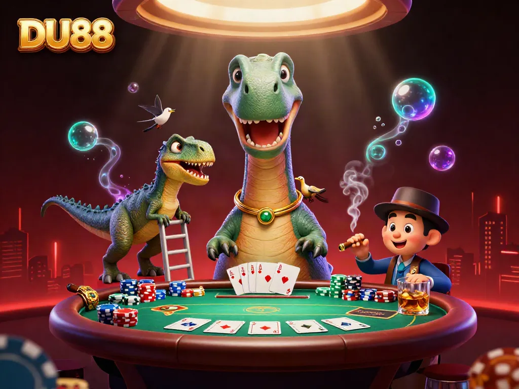 DU88 poker scene with a dinosaur dealer, vibrant design with colorful poker elements.