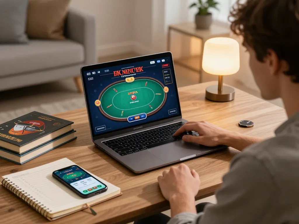 Player engaging in online gambling at home using HB88, focused on poker strategy with betting notes.