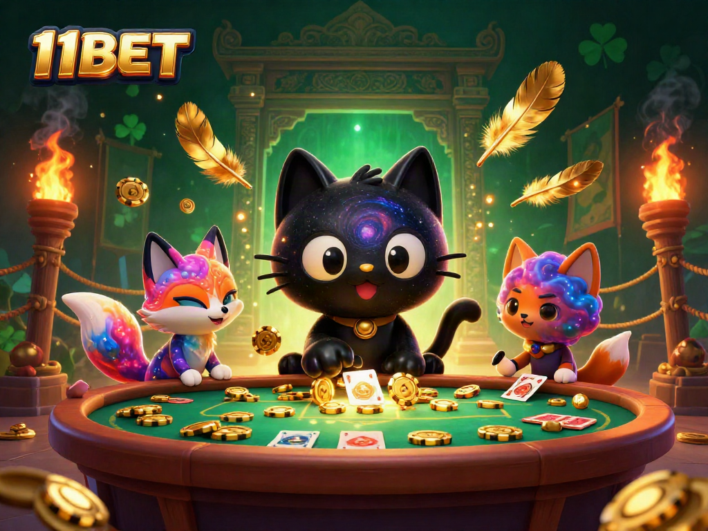 Experience exciting casino action with 11BET and a cosmic black hole cat pulling in golden chips